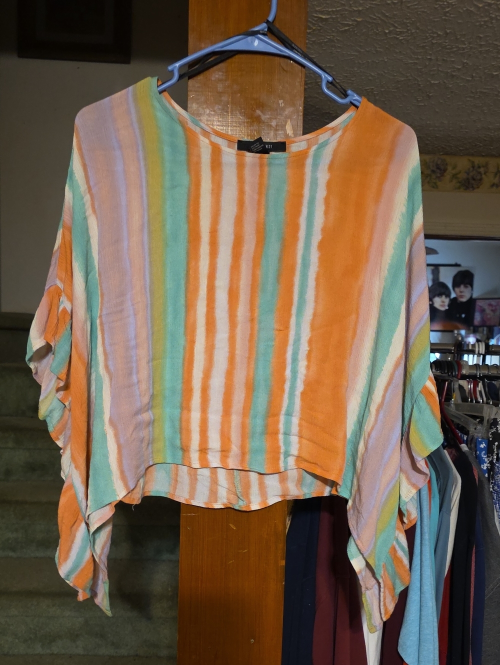 Forever 21 Orange, Mint, Lavender & Cream Striped Flutter-Sleeve Tunic